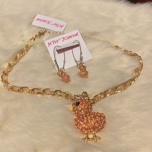 NWT betsey Johnson Chick a dee necklace and earrings gold tone Easter CUTE Rare